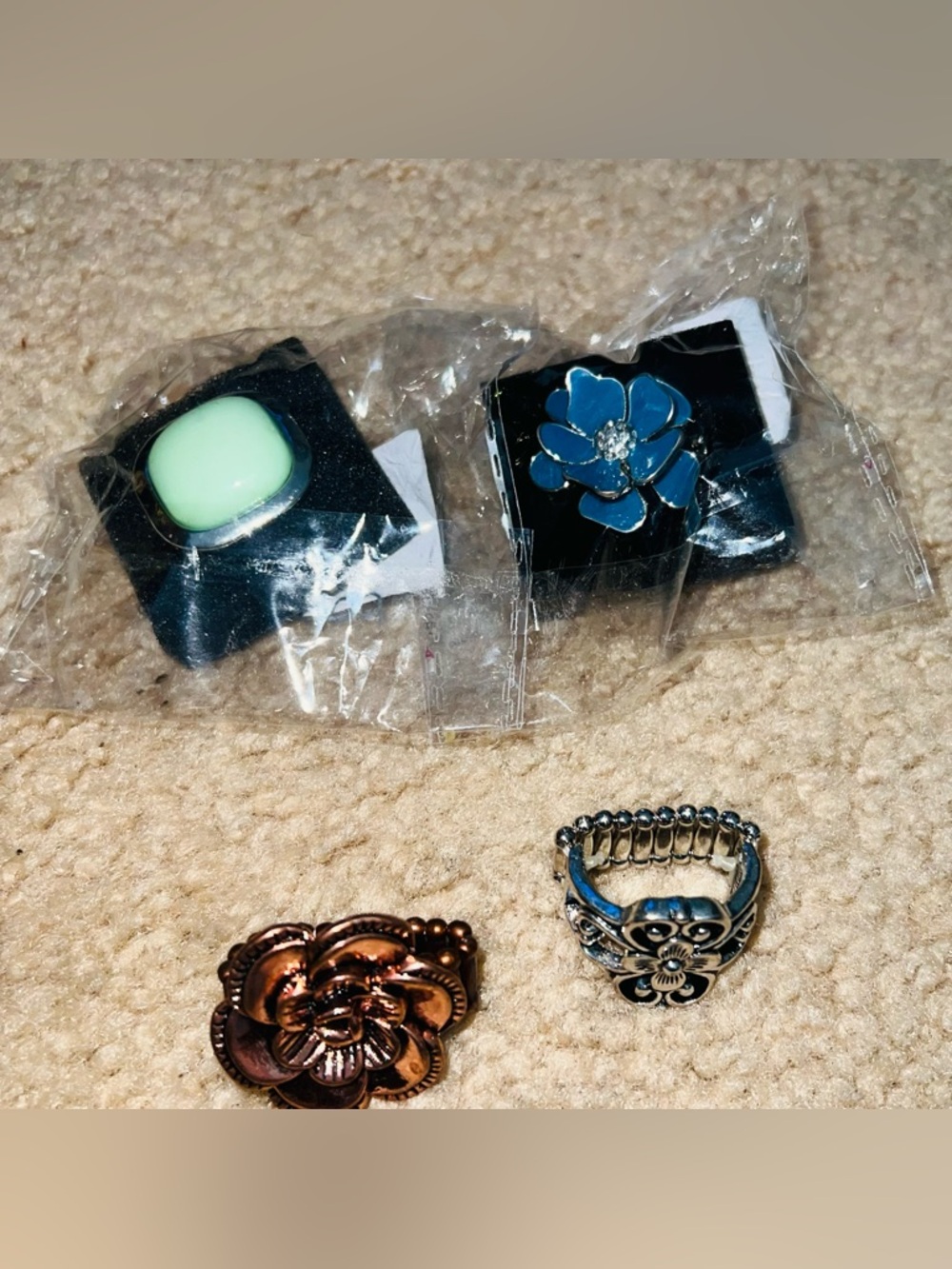 Mixed Floral Statement Rings in Mint, Blue, Copper, and Silver